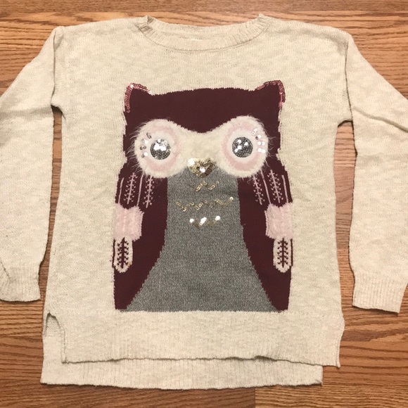 Justice Oatmeal Colored Owl Sweater - Picture 1 of 5
